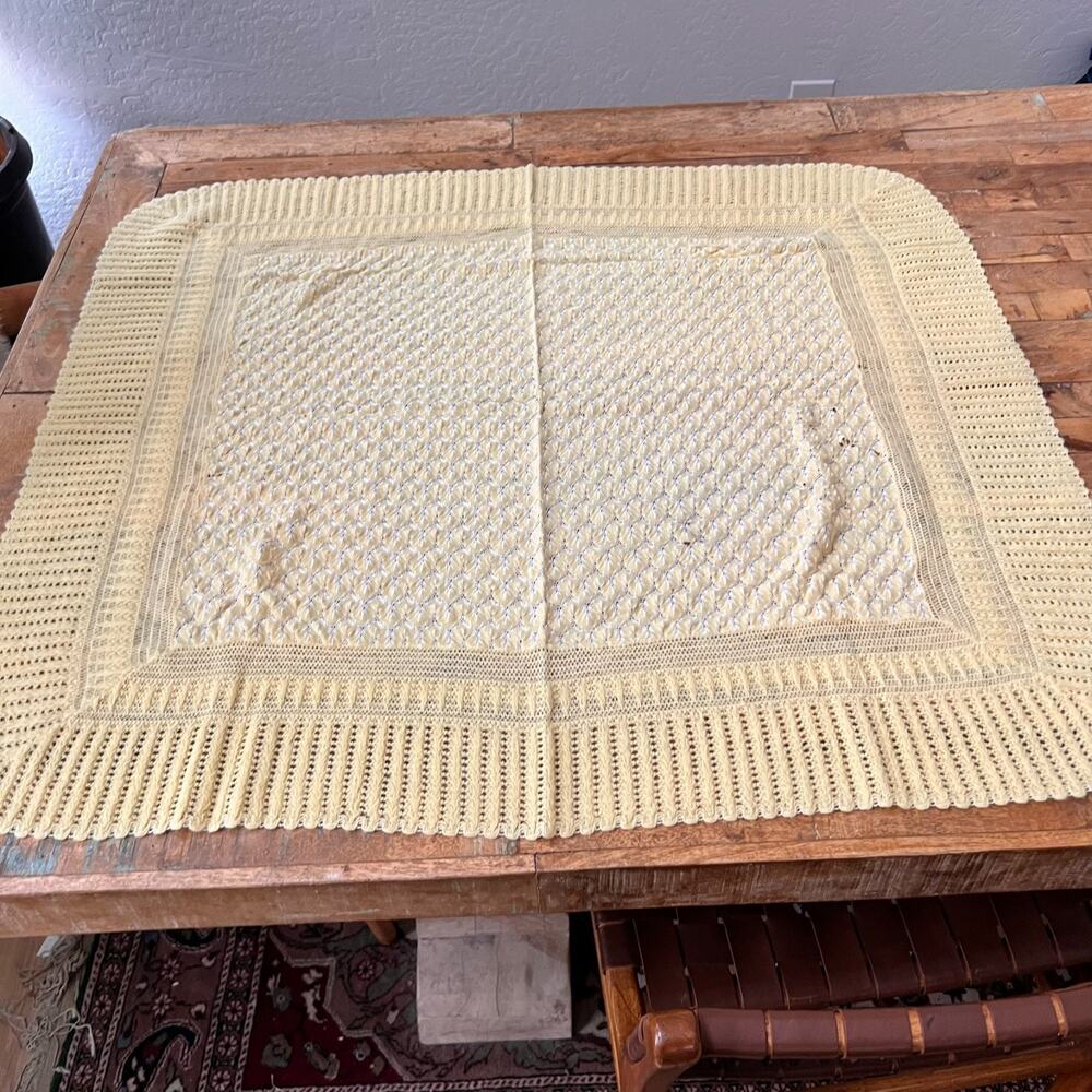 Vtg Baby Wool Blanket Yellow Waffle Knit 1960's Handmade